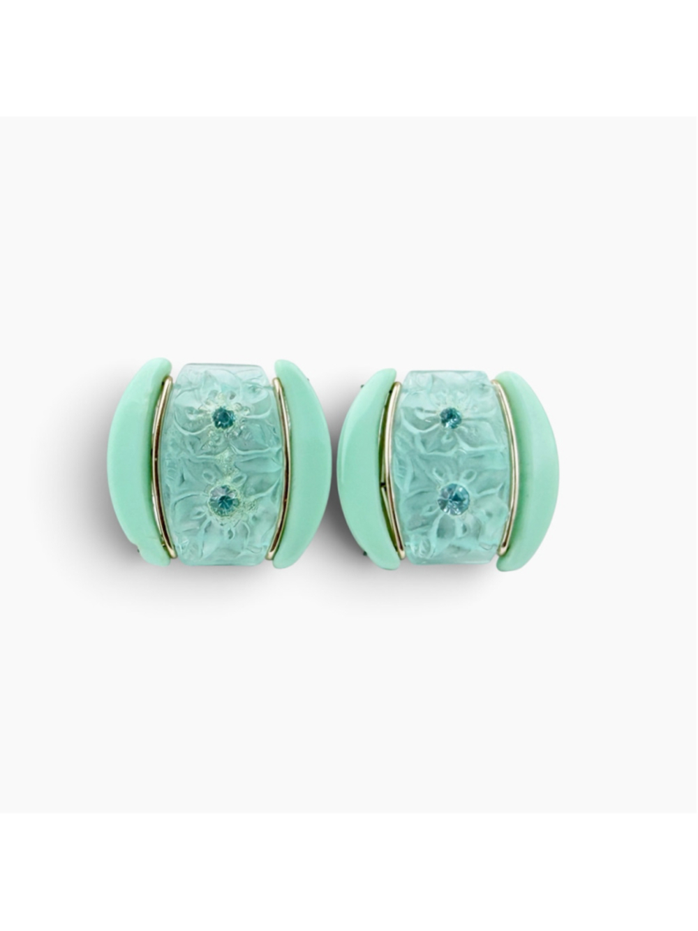 Vintage Aqua Green Thermoset Earrings, Mint Green Plastic Rhinestone Clip On